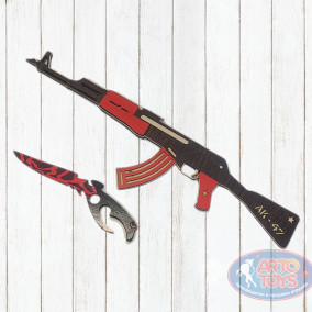 Набор деревянный АК-47 и нож Акула красный 